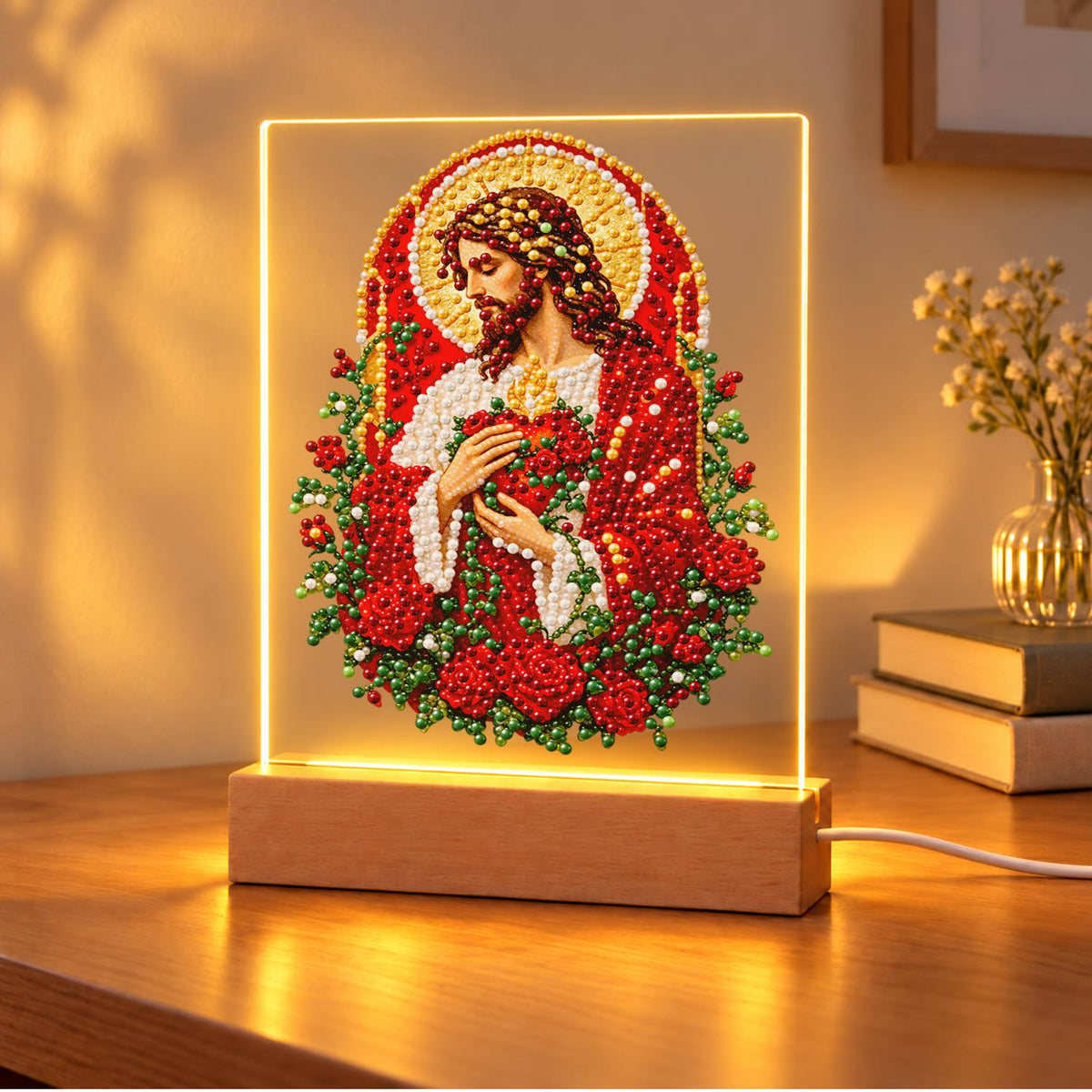 Sacred Heart Wreathed in Roses (Light-Up Pearl Painting)