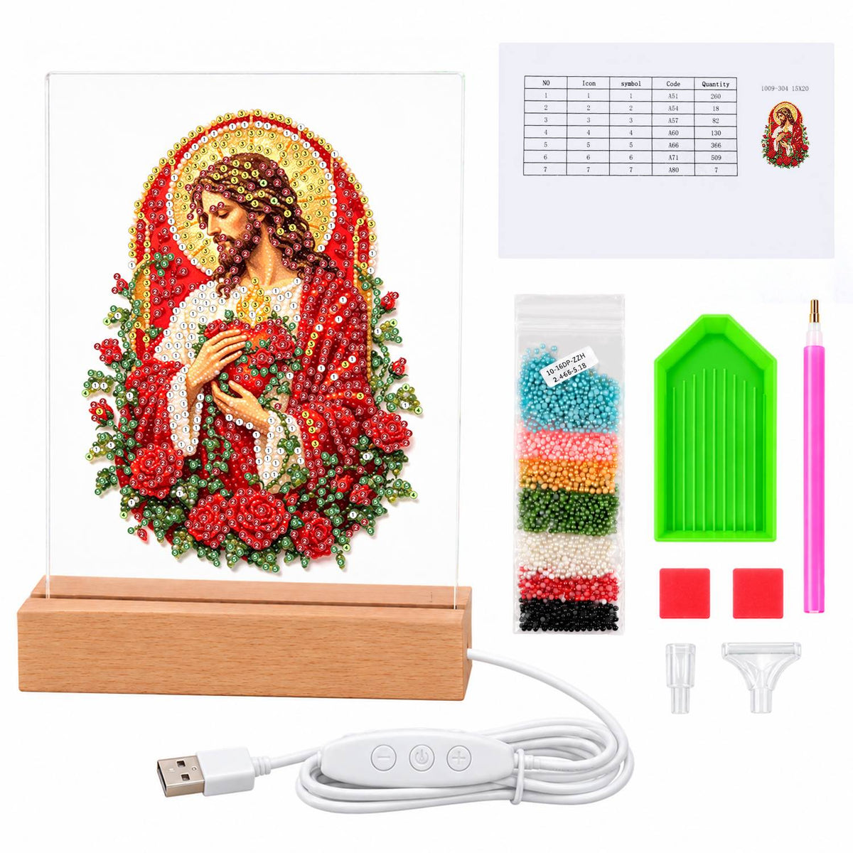 Sacred Heart Wreathed in Roses (Light-Up Pearl Painting)