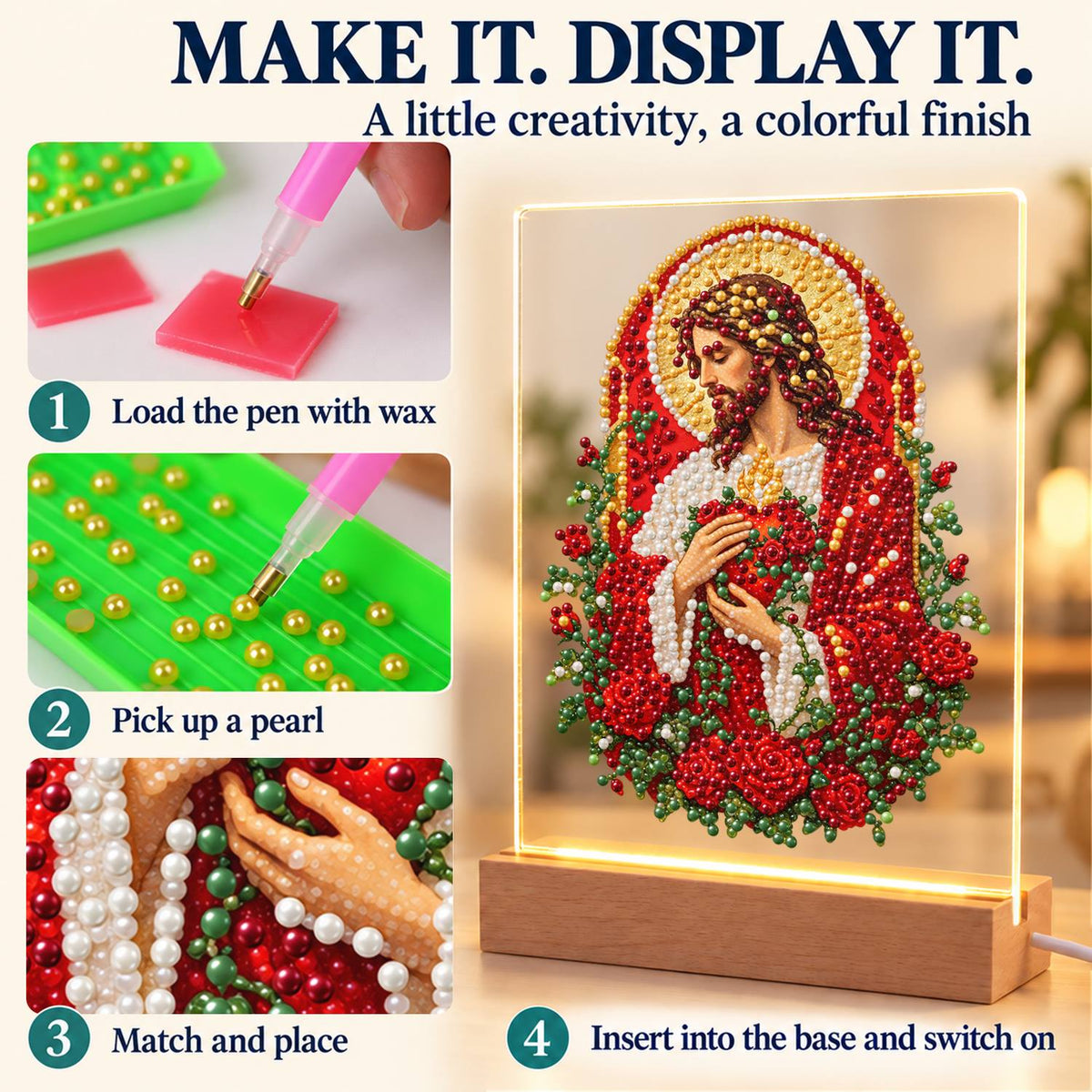 Sacred Heart Wreathed in Roses (Light-Up Pearl Painting)