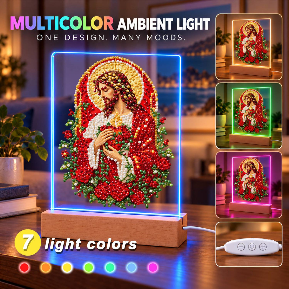 Sacred Heart Wreathed in Roses (Light-Up Pearl Painting)