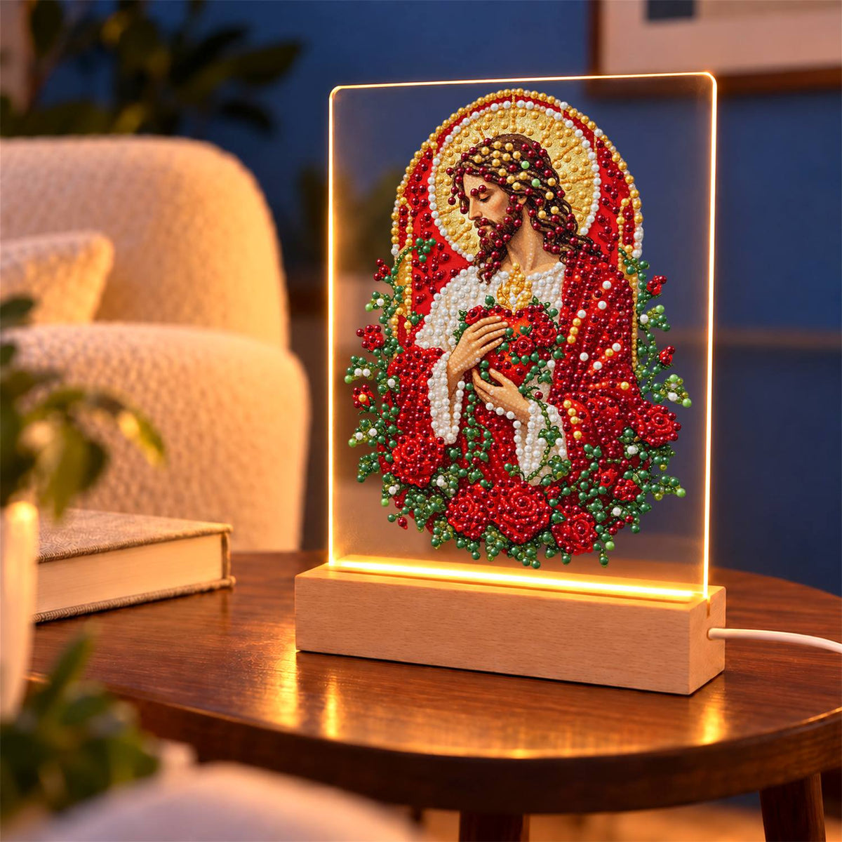 Sacred Heart Wreathed in Roses (Light-Up Pearl Painting)