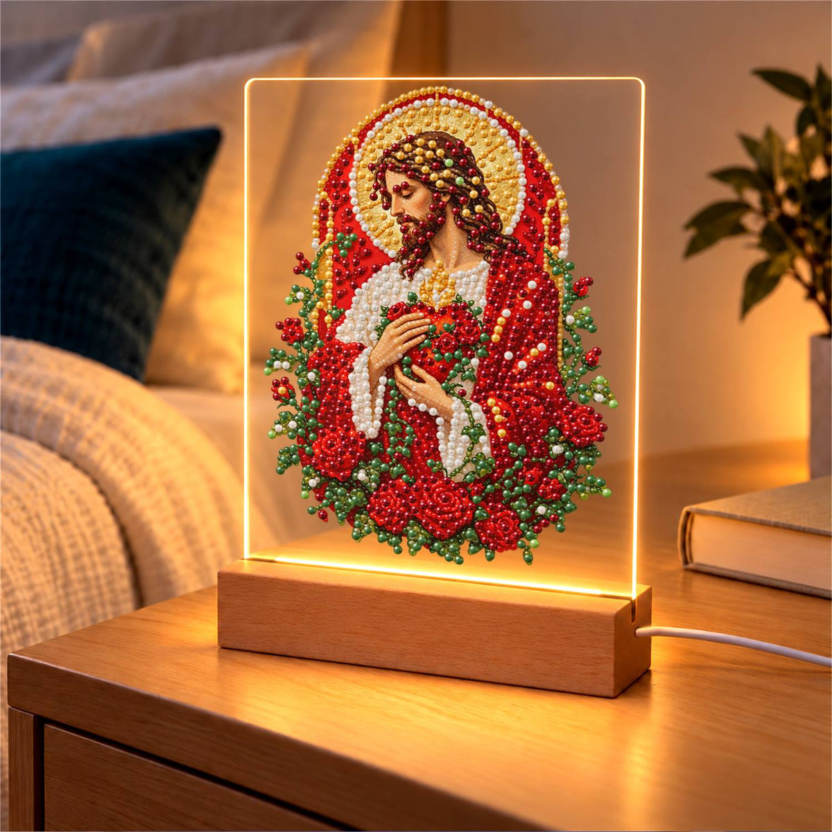 Sacred Heart Wreathed in Roses (Light-Up Pearl Painting)