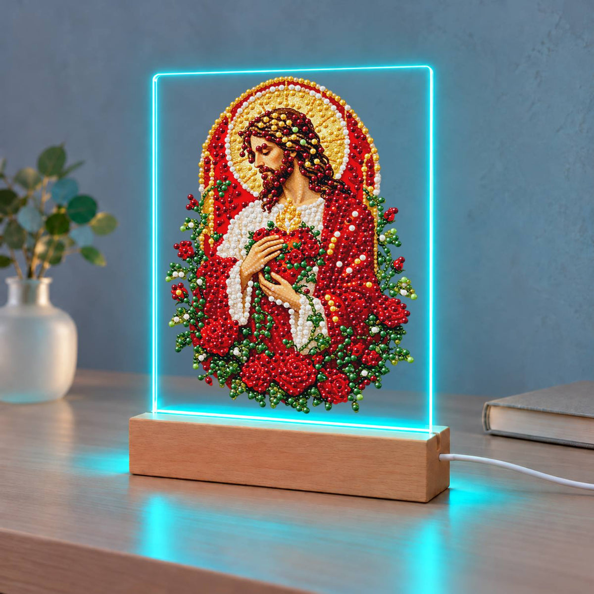 Sacred Heart Wreathed in Roses (Light-Up Pearl Painting)