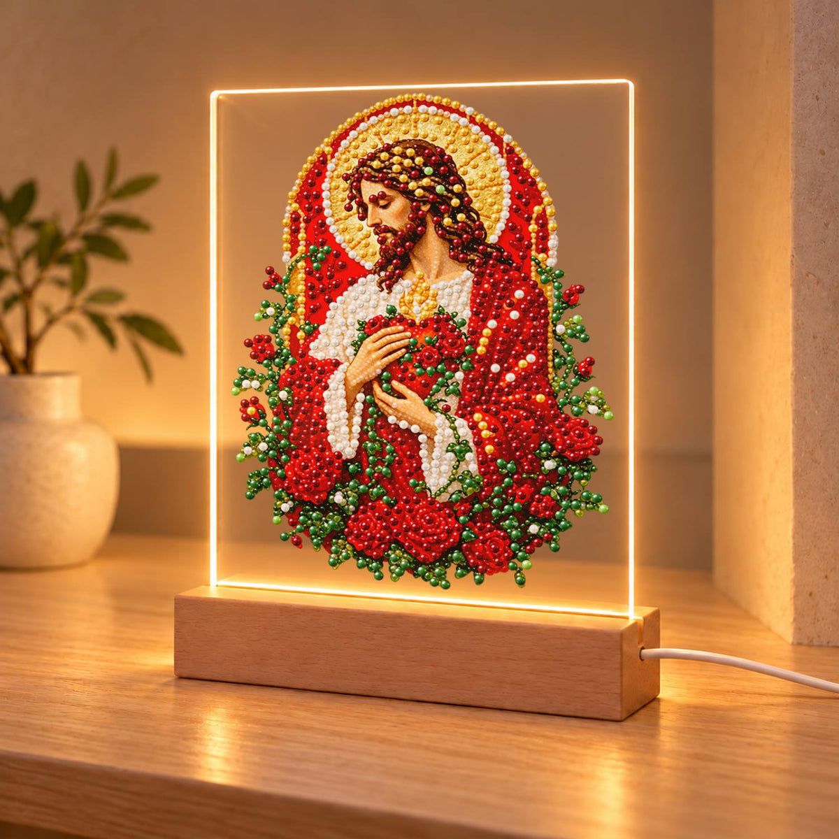 Sacred Heart Wreathed in Roses (Light-Up Pearl Painting)