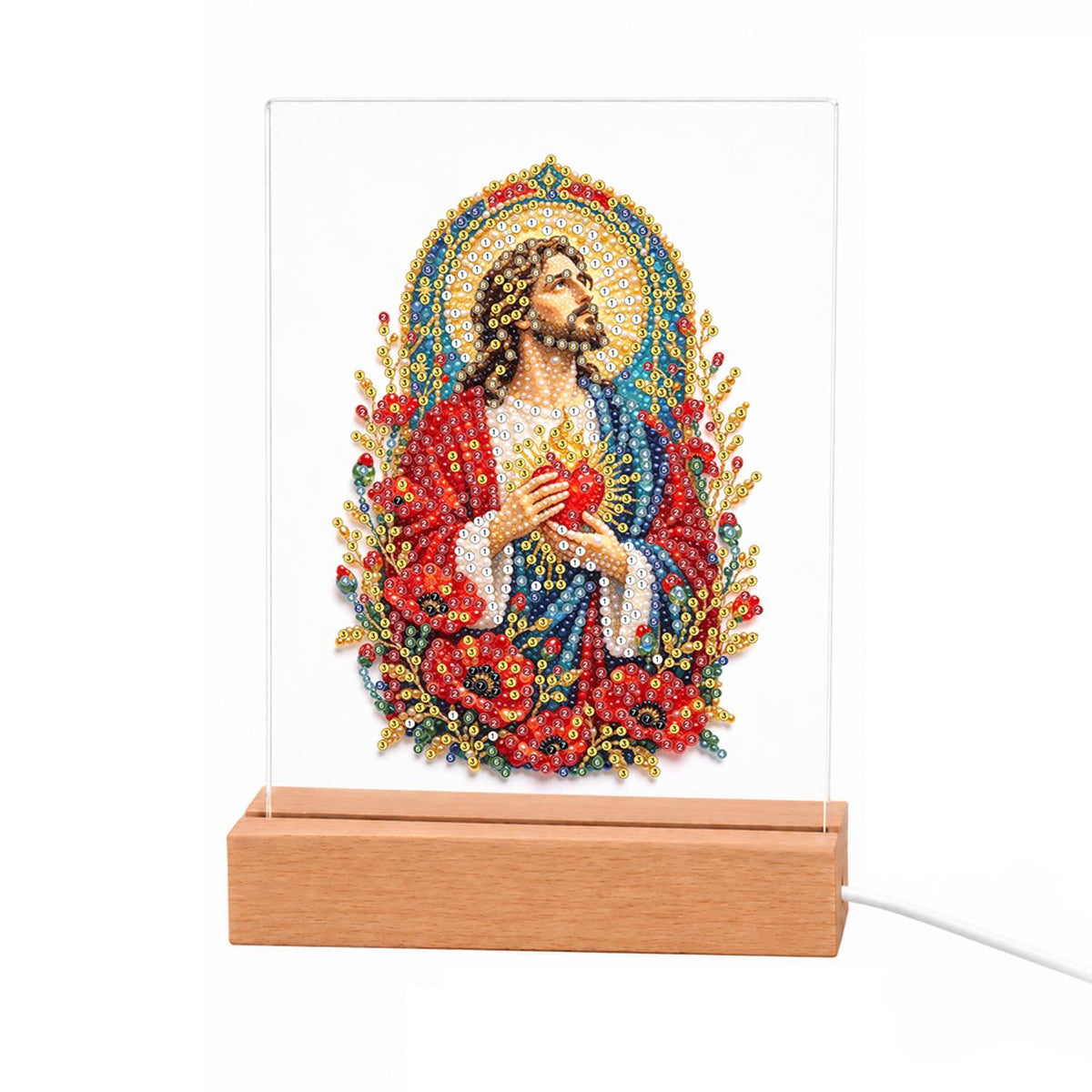 Sacred Heart Among Red Poppies light-up pearl painting – Jesus in a red robe holding his Sacred Heart under a blue and gold arched halo, with red poppies and wheat