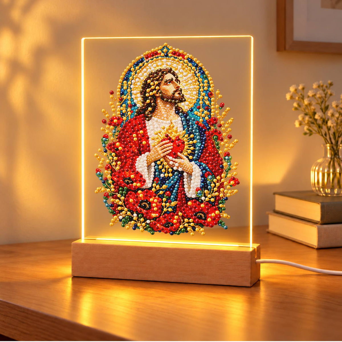 Sacred Heart Among Red Poppies (Light-Up Pearl Painting)