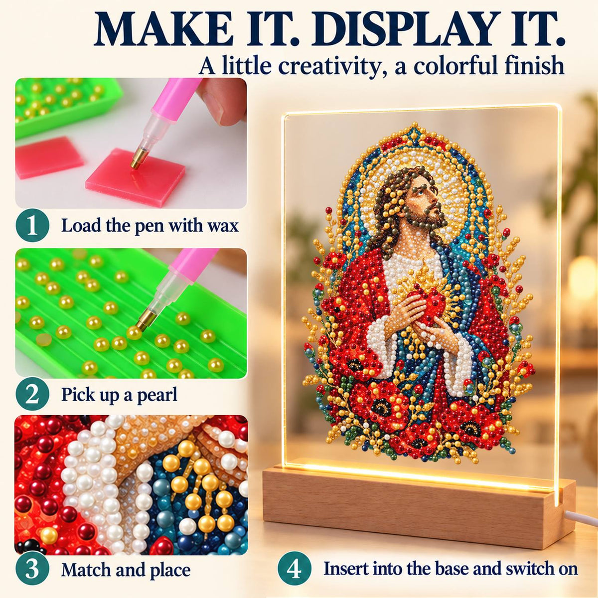 Sacred Heart Among Red Poppies (Light-Up Pearl Painting)