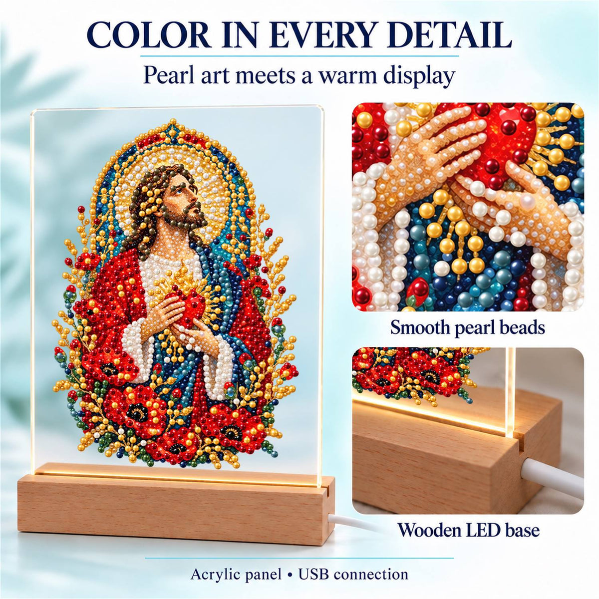 Sacred Heart Among Red Poppies (Light-Up Pearl Painting)