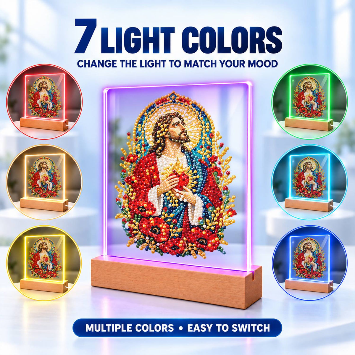 Sacred Heart Among Red Poppies (Light-Up Pearl Painting)