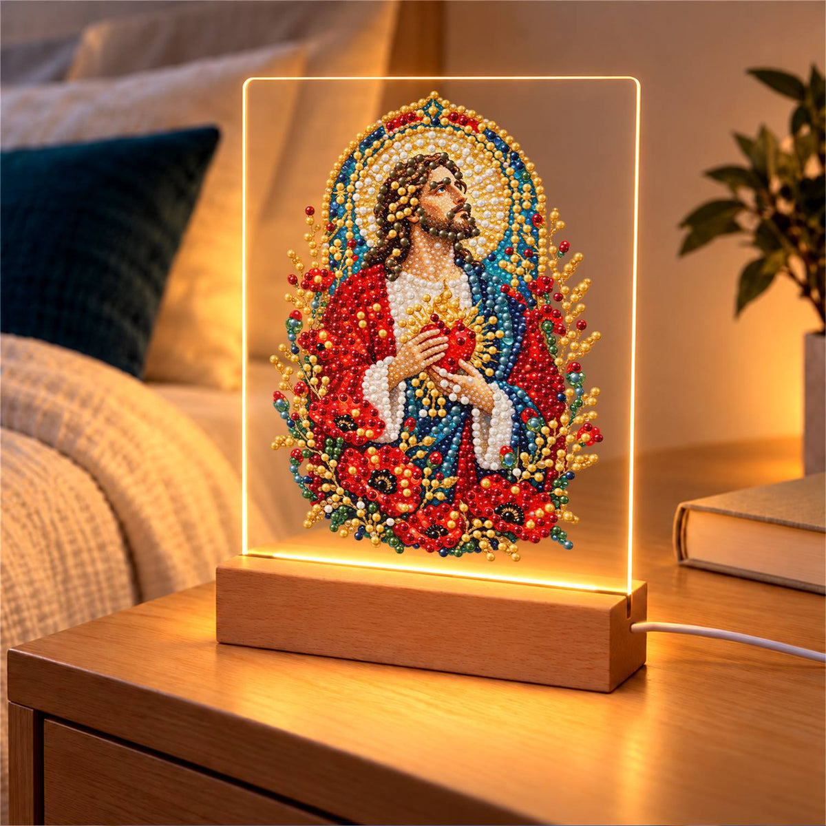 Sacred Heart Among Red Poppies (Light-Up Pearl Painting)