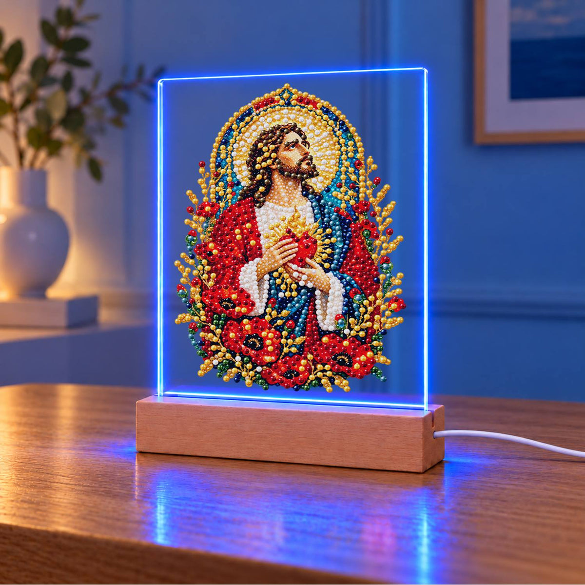 Sacred Heart Among Red Poppies (Light-Up Pearl Painting)