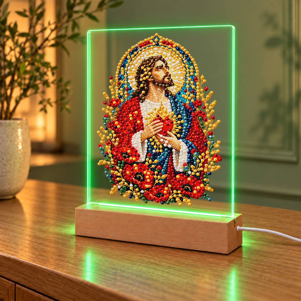 Sacred Heart Among Red Poppies (Light-Up Pearl Painting)