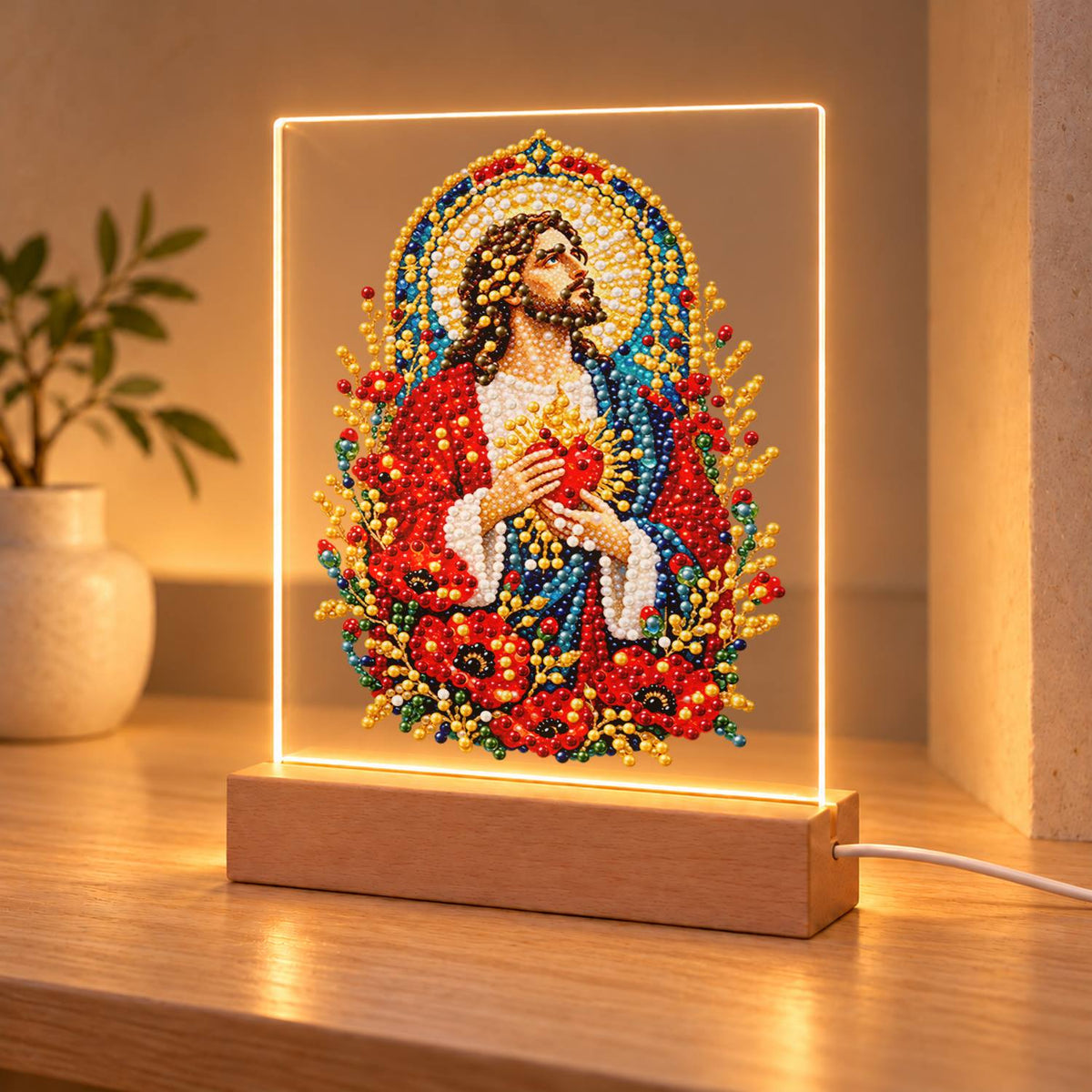 Sacred Heart Among Red Poppies (Light-Up Pearl Painting)