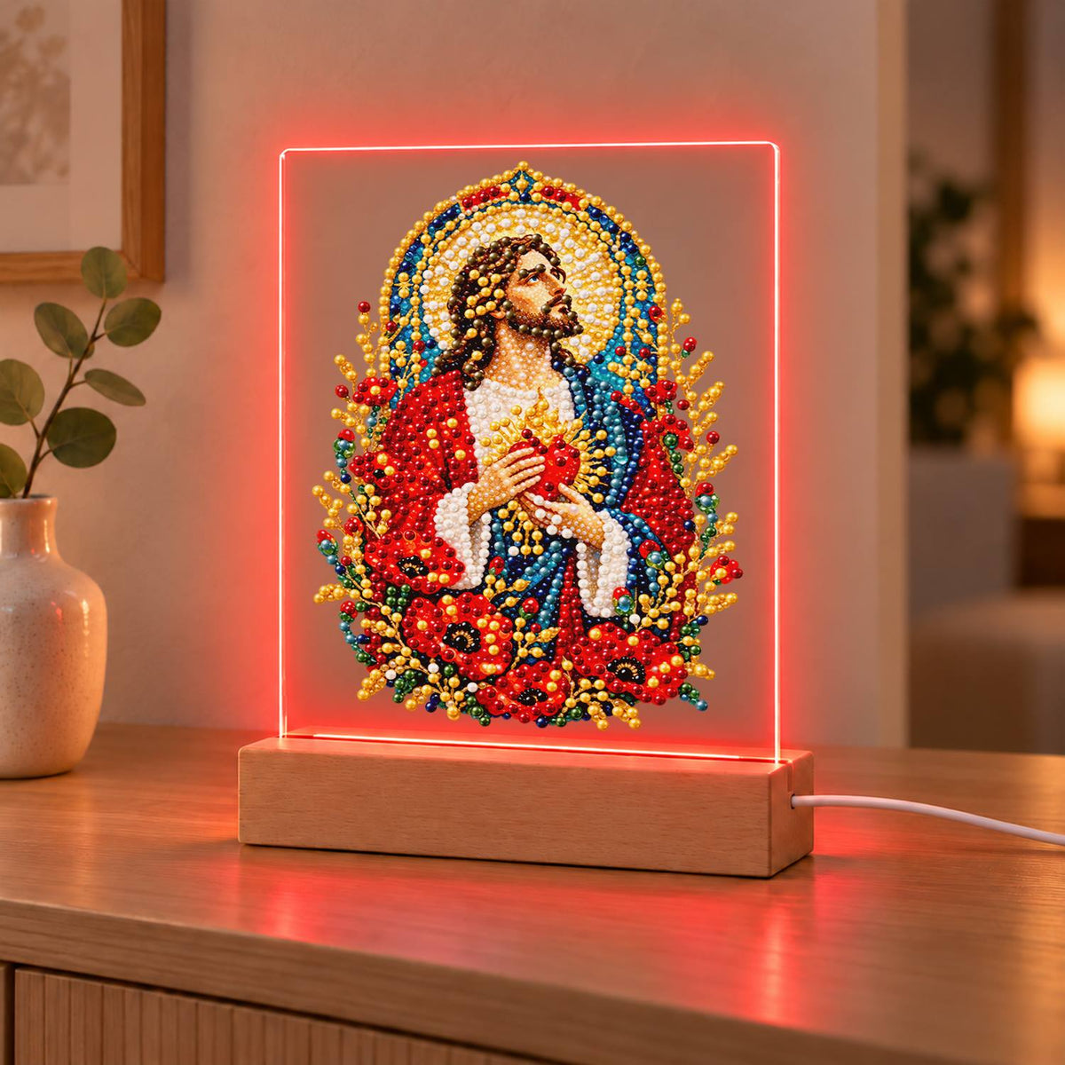Sacred Heart Among Red Poppies (Light-Up Pearl Painting)