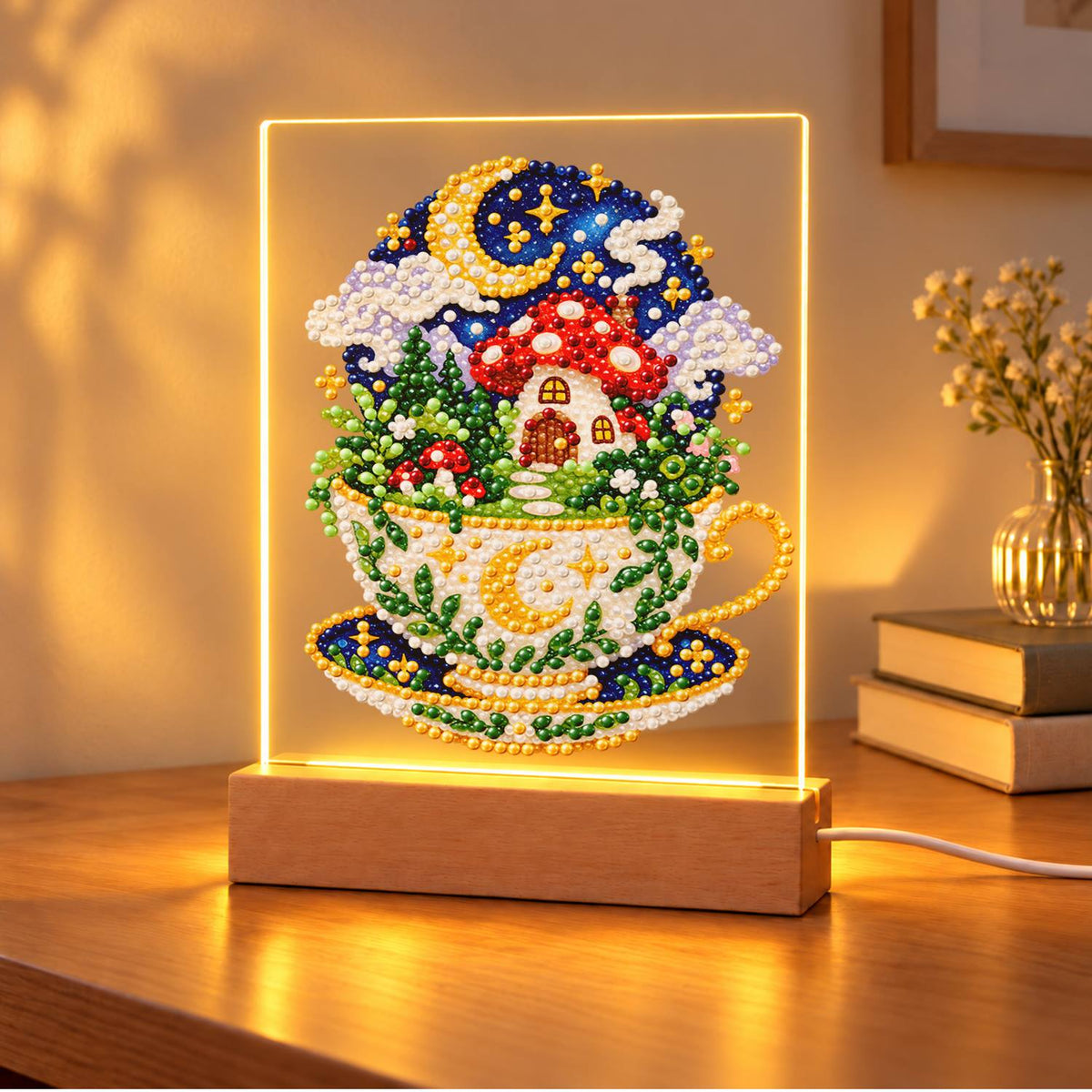 Toadstool House in a Starry Teacup (Light-Up Pearl Painting)