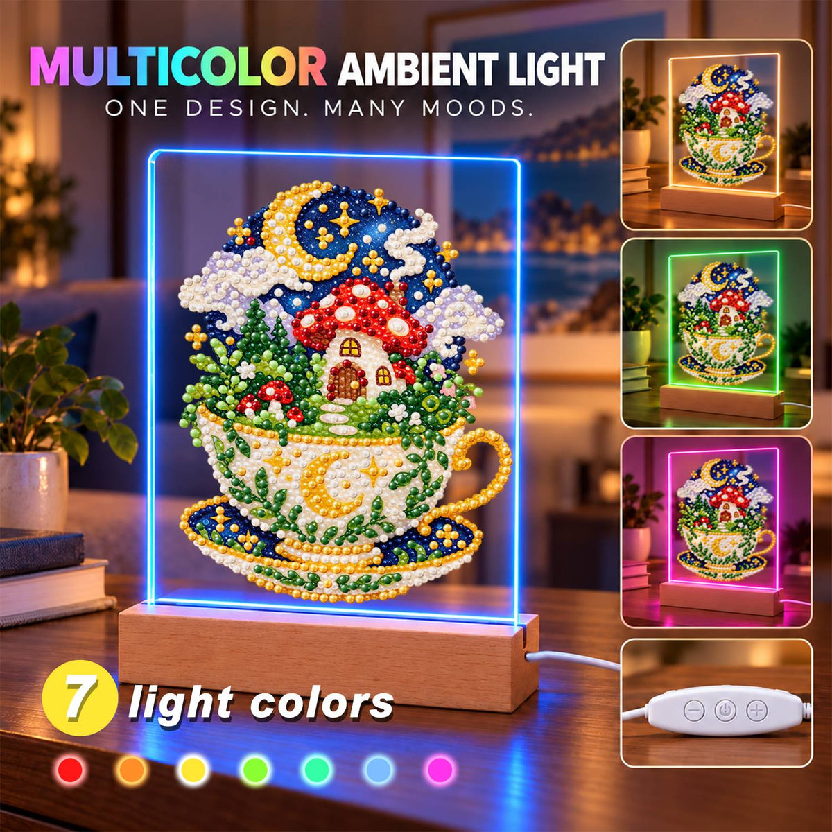 Toadstool House in a Starry Teacup (Light-Up Pearl Painting)