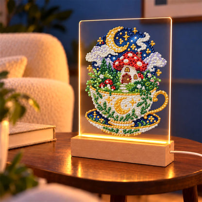 Toadstool House in a Starry Teacup (Light-Up Pearl Painting)