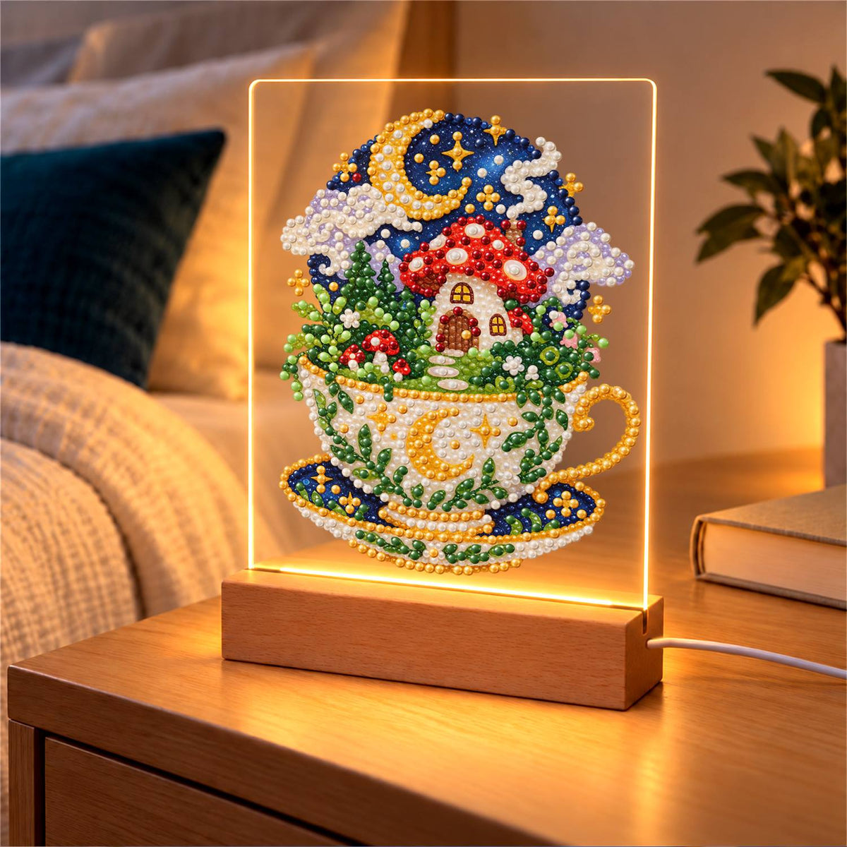 Toadstool House in a Starry Teacup (Light-Up Pearl Painting)