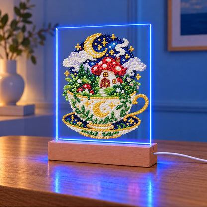 Toadstool House in a Starry Teacup (Light-Up Pearl Painting)