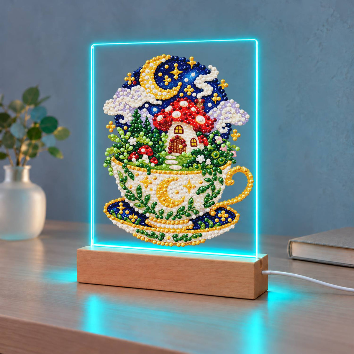 Toadstool House in a Starry Teacup (Light-Up Pearl Painting)
