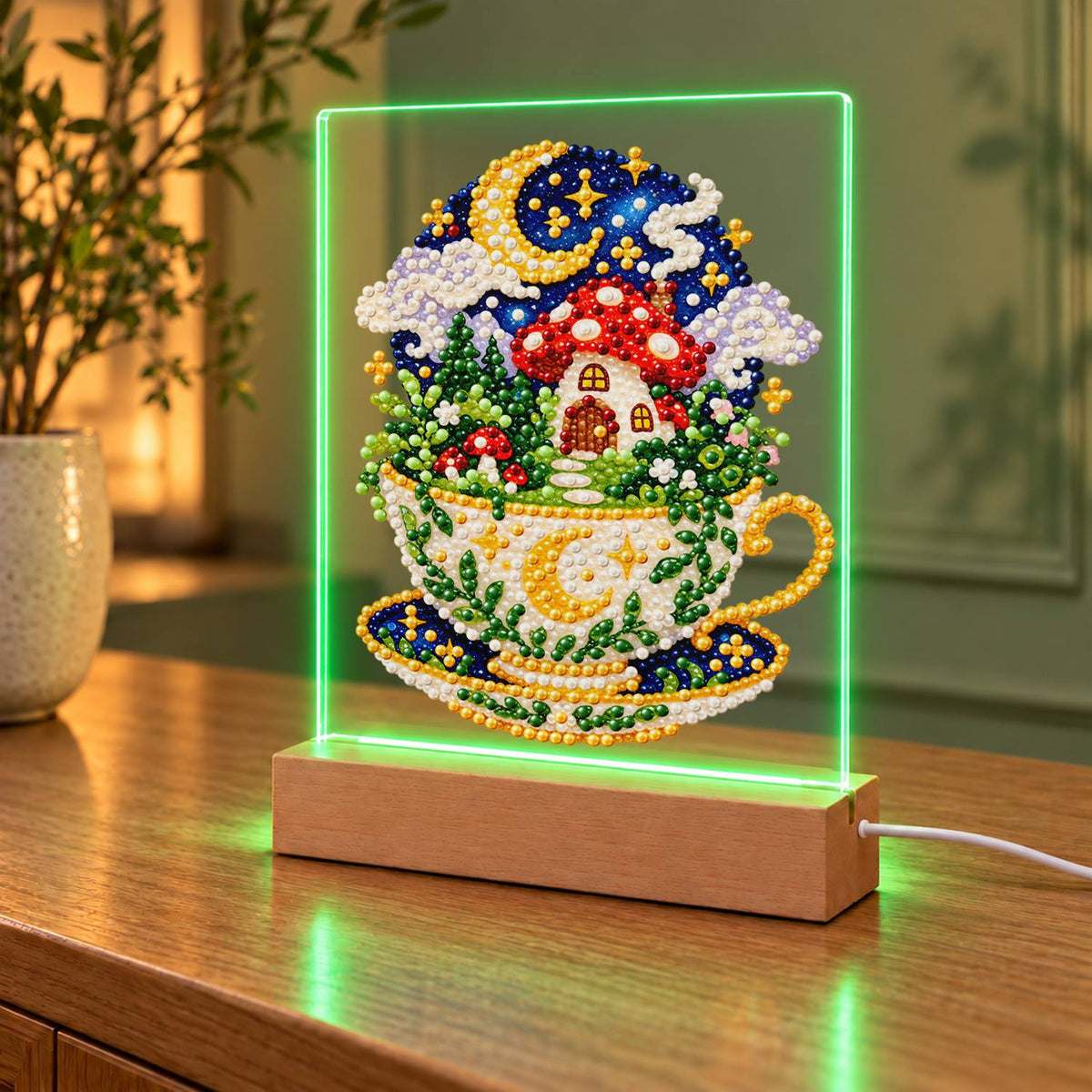 Toadstool House in a Starry Teacup (Light-Up Pearl Painting)