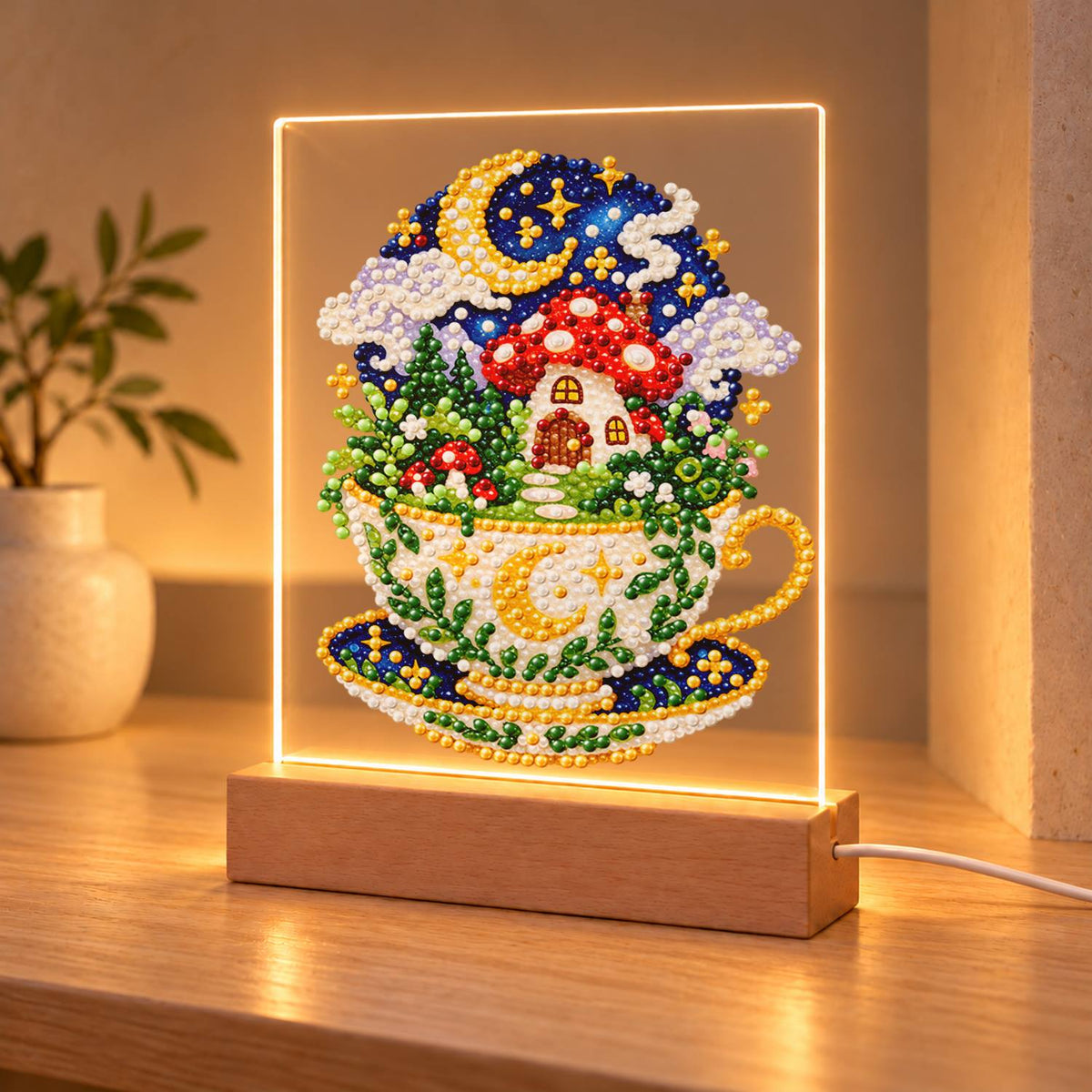 Toadstool House in a Starry Teacup (Light-Up Pearl Painting)