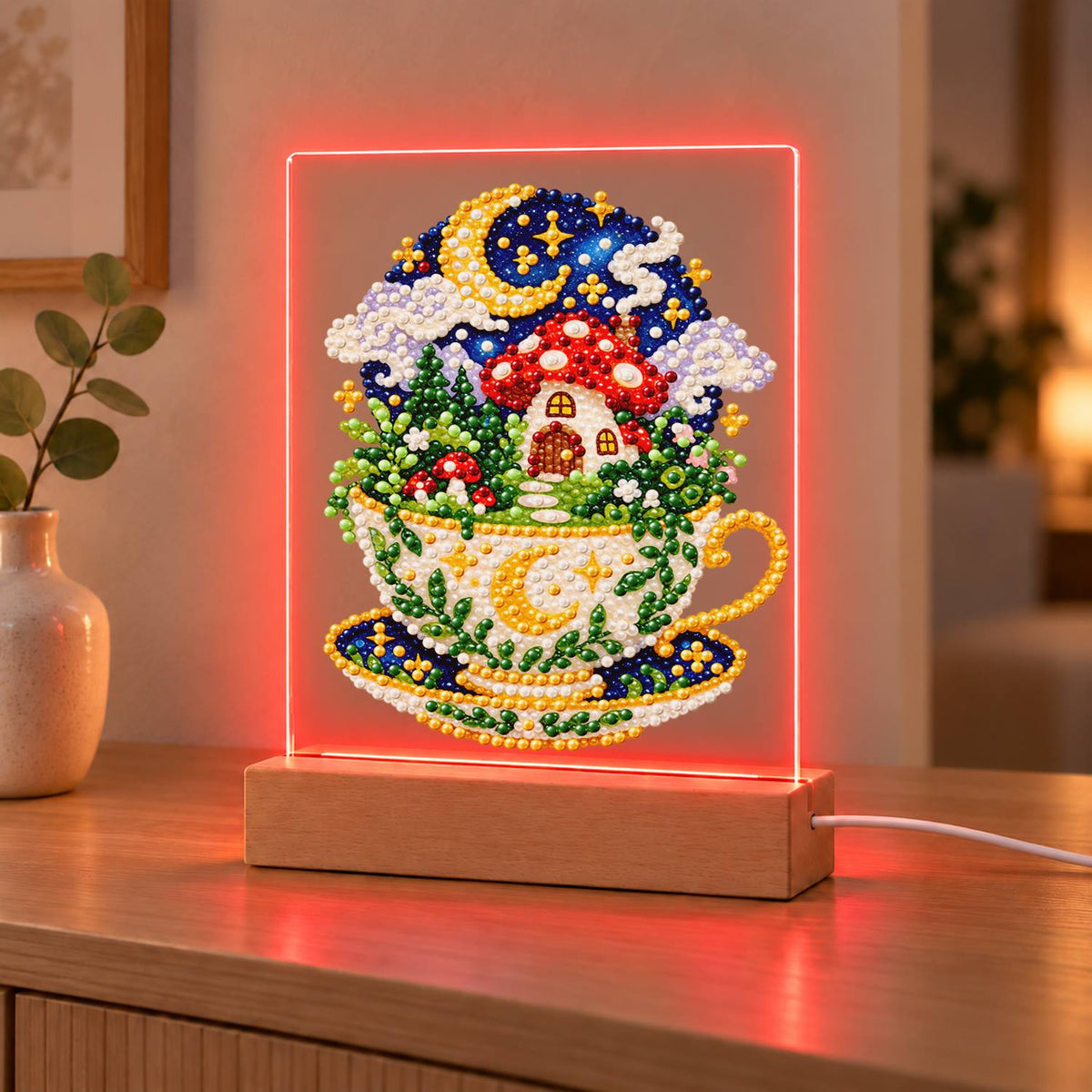 Toadstool House in a Starry Teacup (Light-Up Pearl Painting)