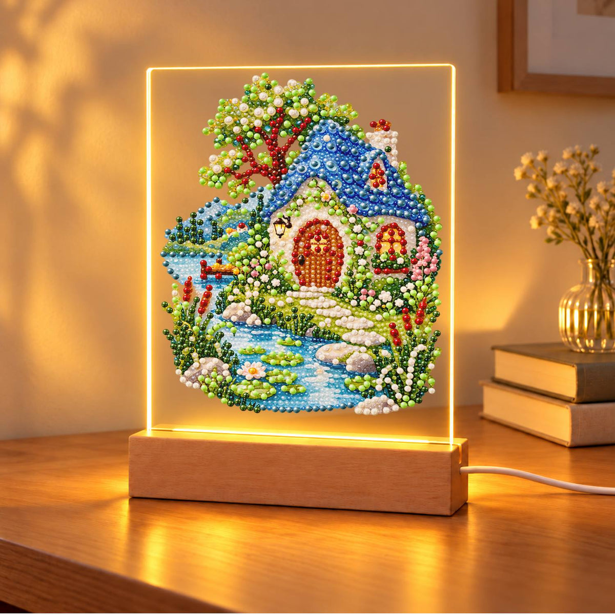 Blue-Roofed Cottage by a Stream (Light-Up Pearl Painting)