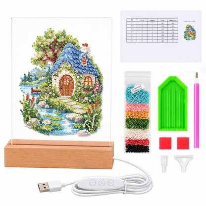 Blue-Roofed Cottage by a Stream (Light-Up Pearl Painting)