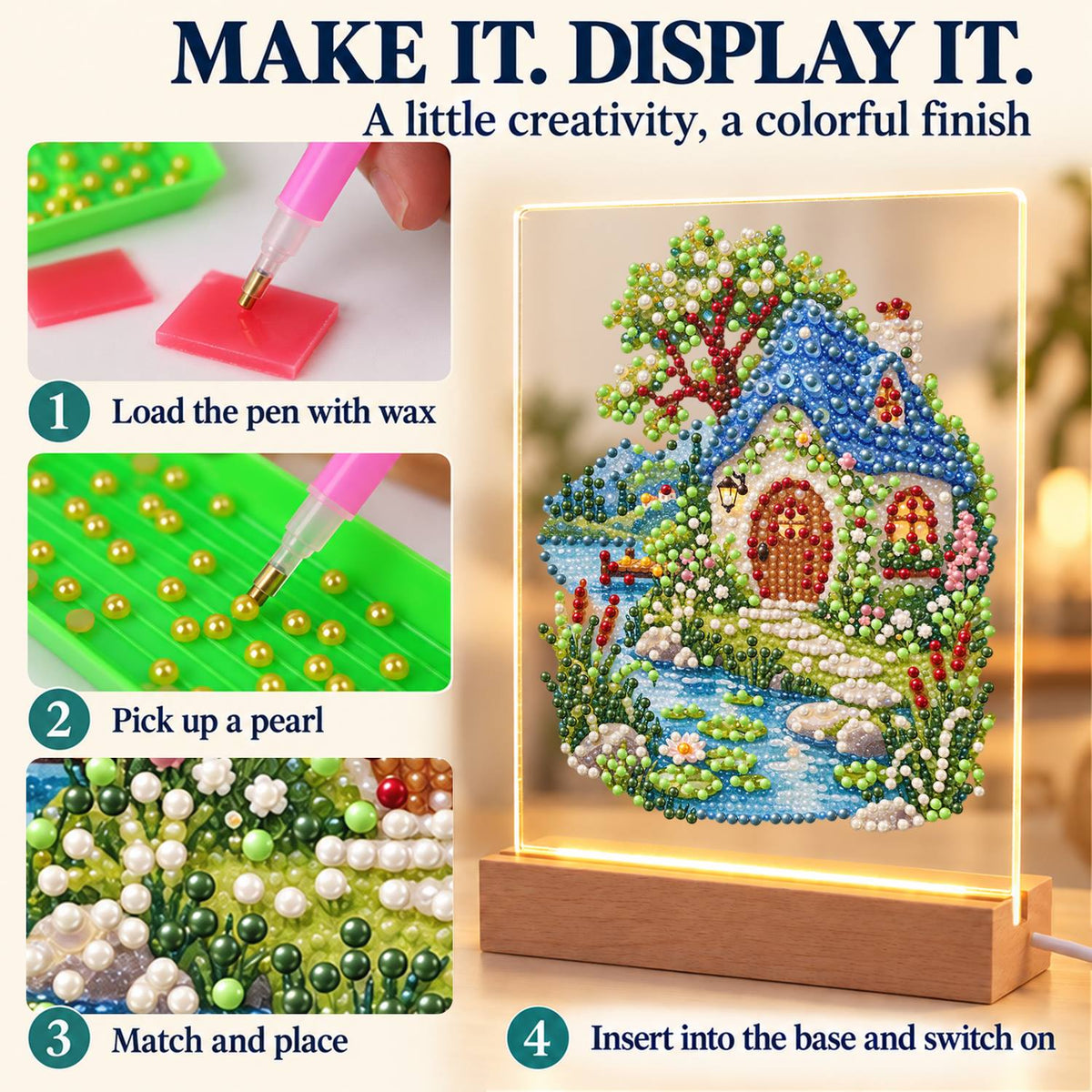 Blue-Roofed Cottage by a Stream (Light-Up Pearl Painting)