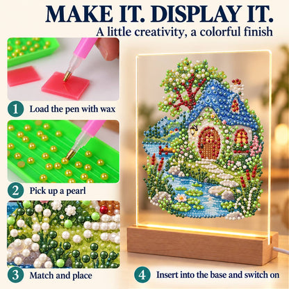 Blue-Roofed Cottage by a Stream (Light-Up Pearl Painting)