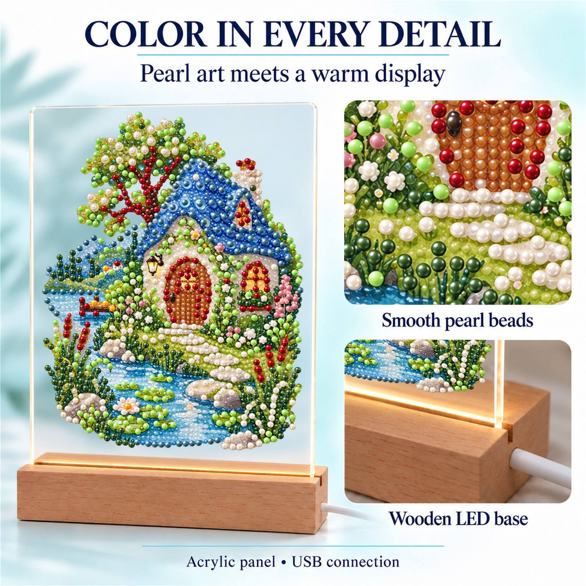 Blue-Roofed Cottage by a Stream (Light-Up Pearl Painting)