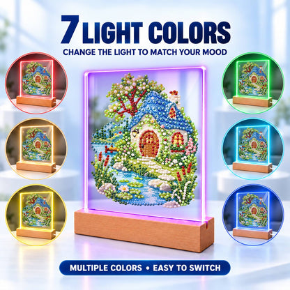 Blue-Roofed Cottage by a Stream (Light-Up Pearl Painting)