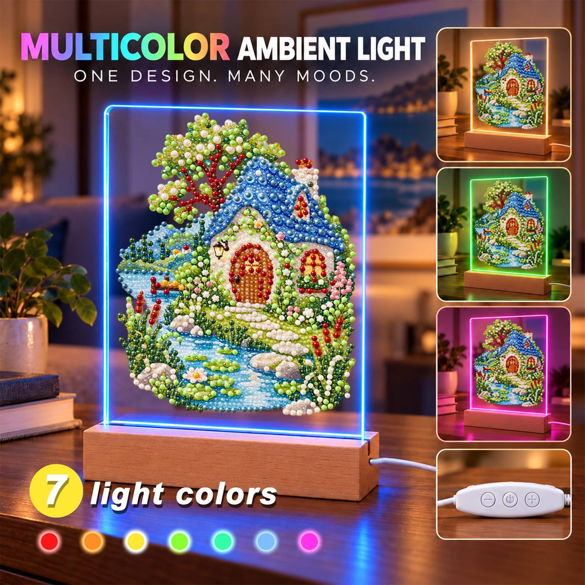 Blue-Roofed Cottage by a Stream (Light-Up Pearl Painting)