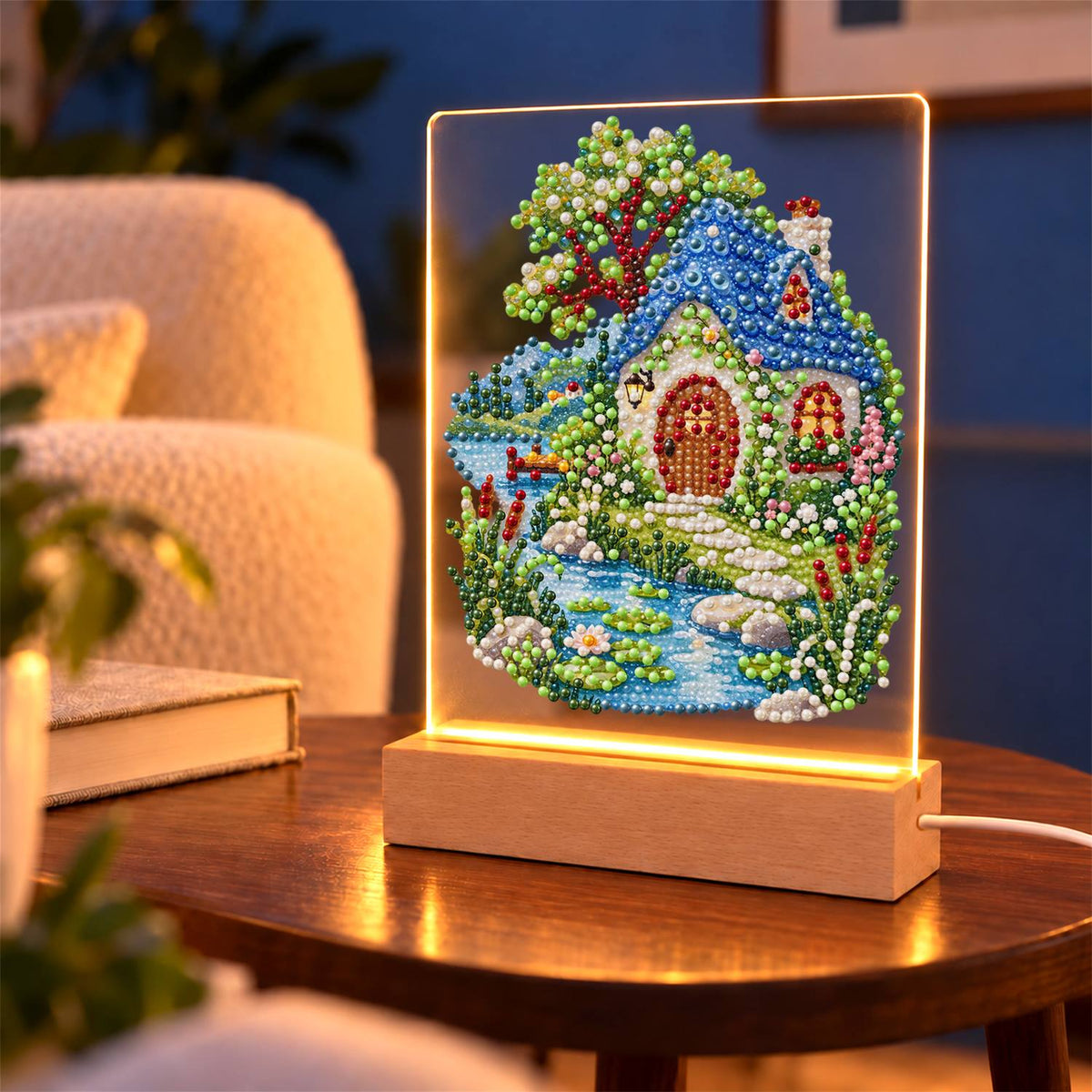 Blue-Roofed Cottage by a Stream (Light-Up Pearl Painting)
