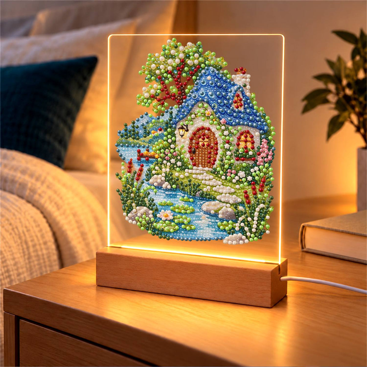Blue-Roofed Cottage by a Stream (Light-Up Pearl Painting)