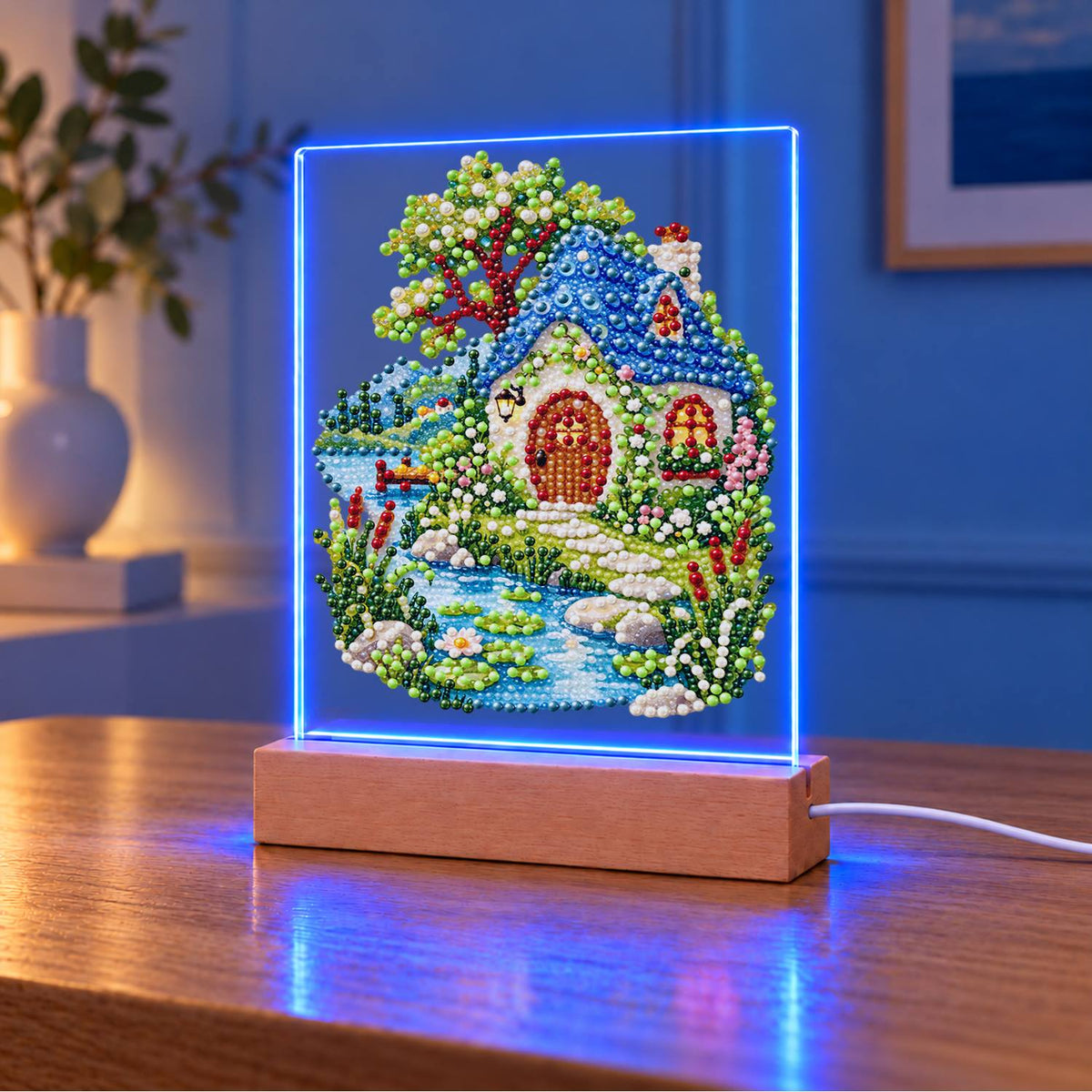 Blue-Roofed Cottage by a Stream (Light-Up Pearl Painting)