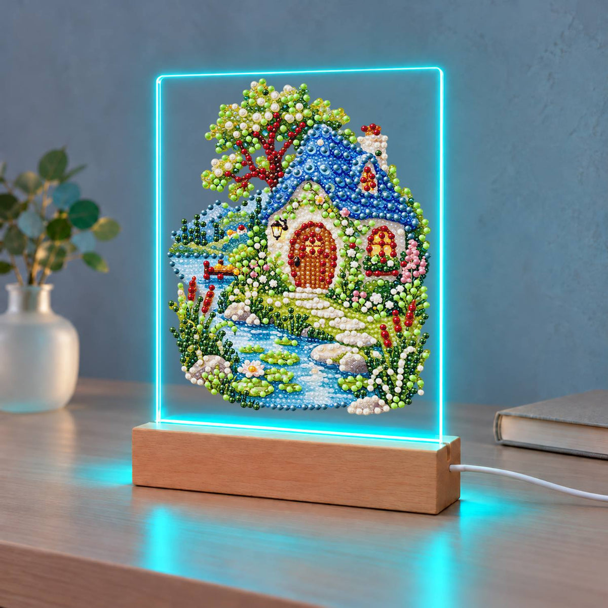 Blue-Roofed Cottage by a Stream (Light-Up Pearl Painting)