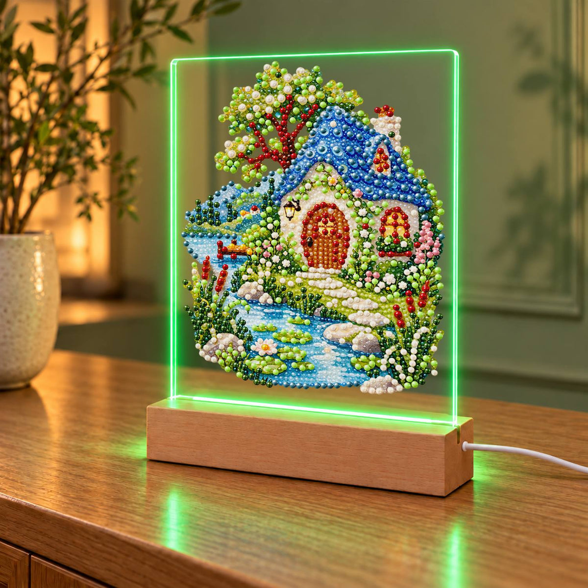 Blue-Roofed Cottage by a Stream (Light-Up Pearl Painting)