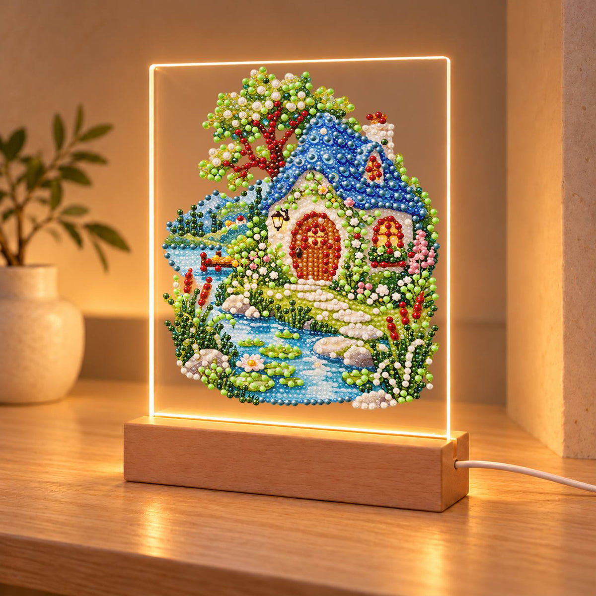 Blue-Roofed Cottage by a Stream (Light-Up Pearl Painting)