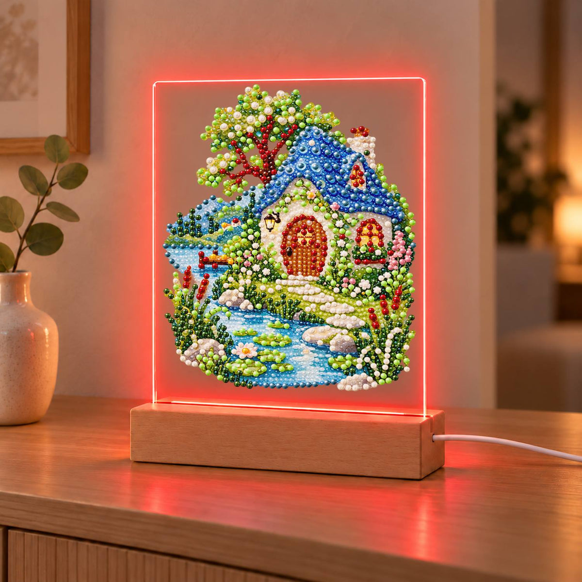Blue-Roofed Cottage by a Stream (Light-Up Pearl Painting)