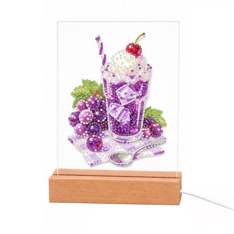 Purple Grape Soda Sundae light-up pearl painting – Purple grape drink with ice, whipped cream and a cherry, beside grape clusters and a spoon