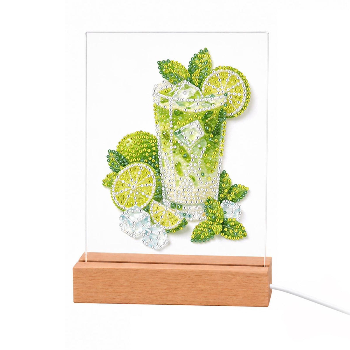 Lime Mojito with Fresh Mint light-up pearl painting – Tall glass of green lime and mint drink with ice cubes, lime slices and mint leaves