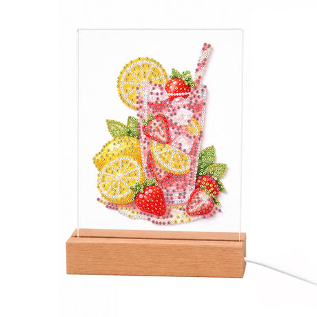 Pink Strawberry Lemonade light-up pearl painting – Pink lemonade with a striped straw, strawberries and lemon slices, plus mint leaves