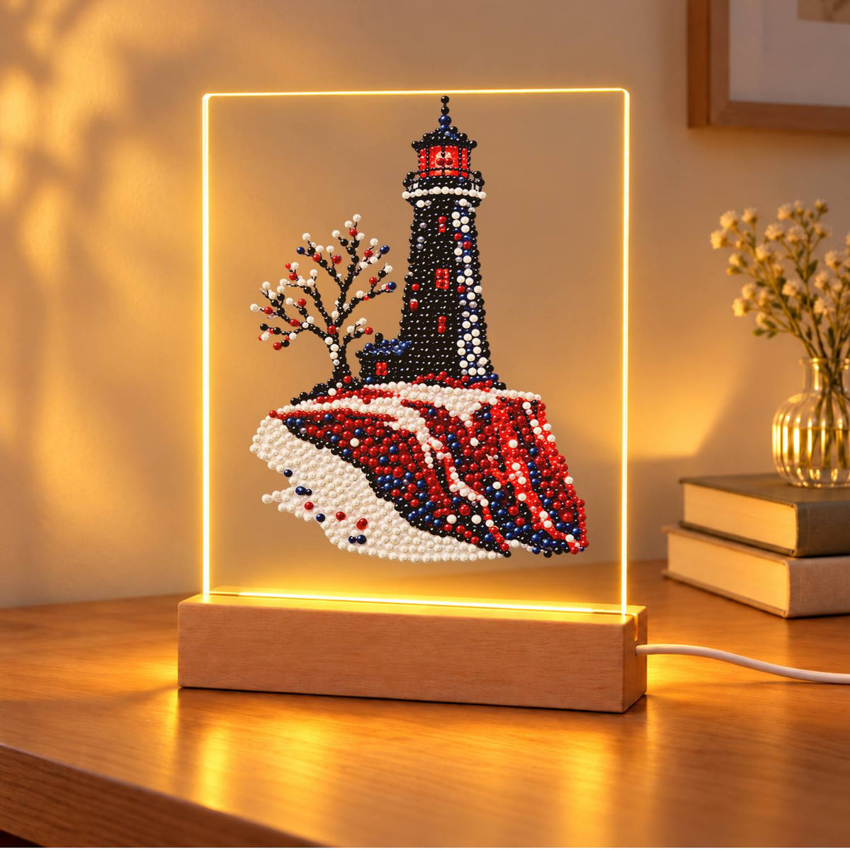 Black Lighthouse on Red Cliffs (Light-Up Pearl Painting)