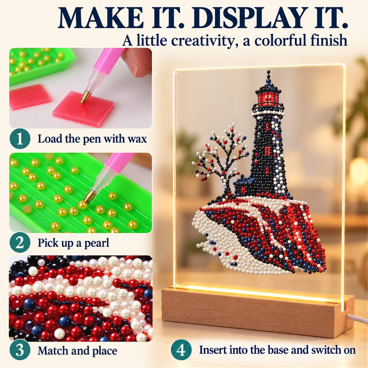 Black Lighthouse on Red Cliffs (Light-Up Pearl Painting)