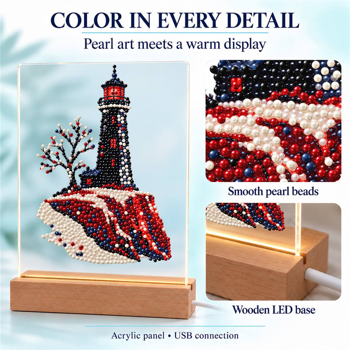 Black Lighthouse on Red Cliffs (Light-Up Pearl Painting)