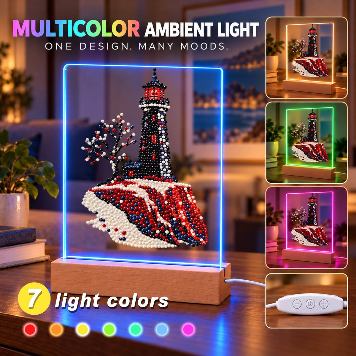 Black Lighthouse on Red Cliffs (Light-Up Pearl Painting)