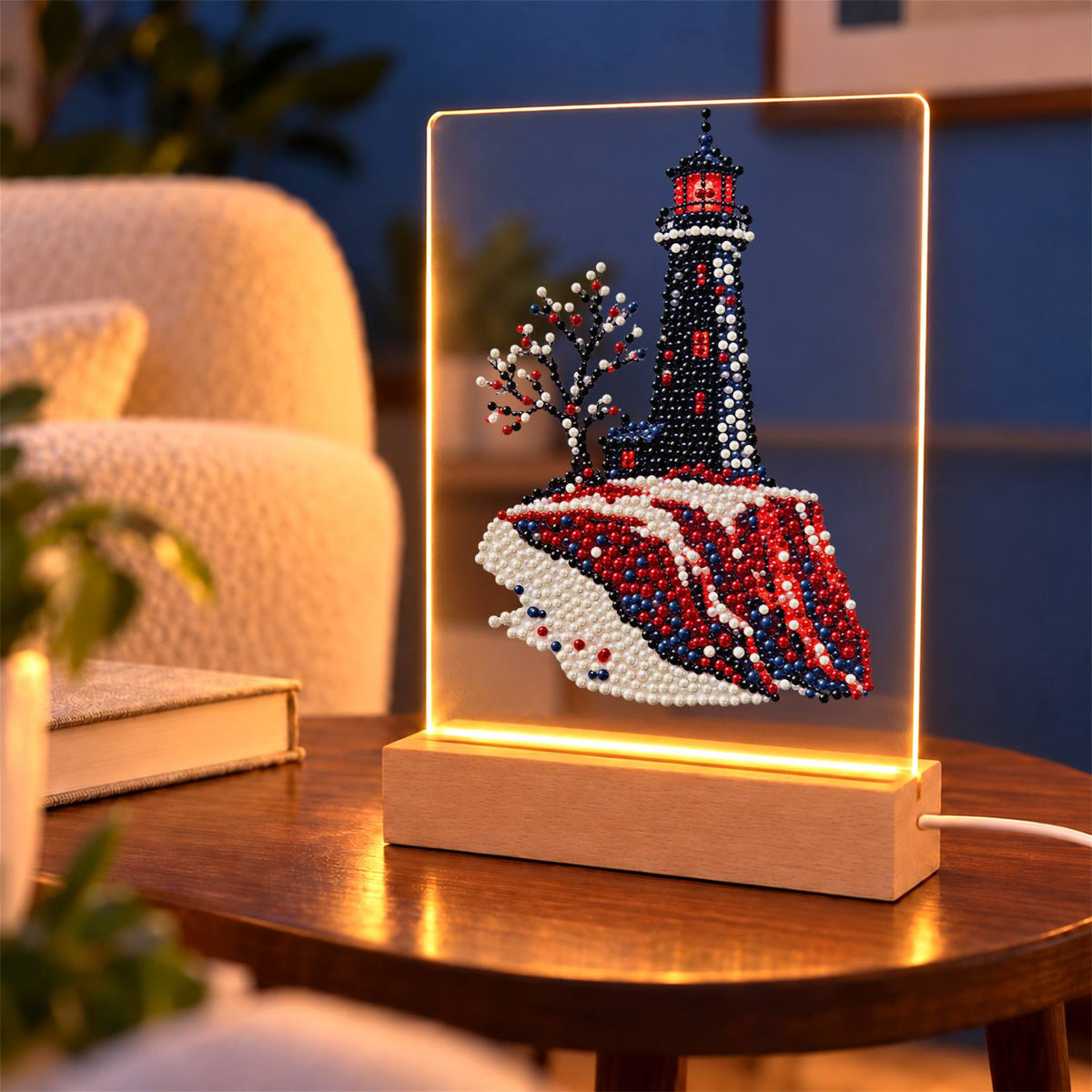Black Lighthouse on Red Cliffs (Light-Up Pearl Painting)