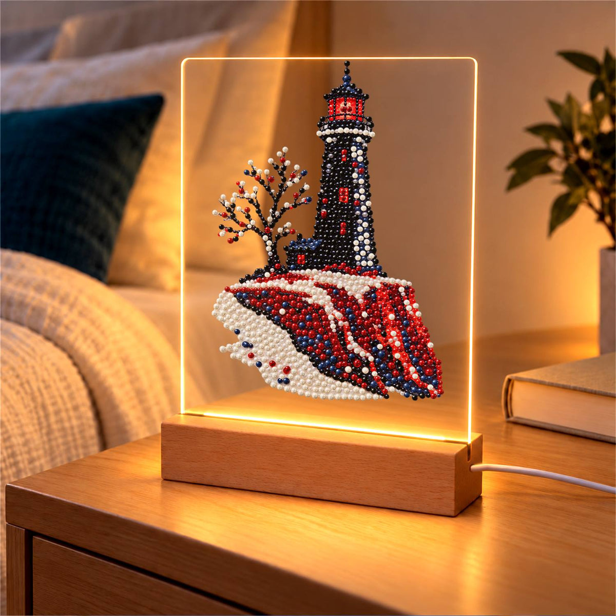 Black Lighthouse on Red Cliffs (Light-Up Pearl Painting)